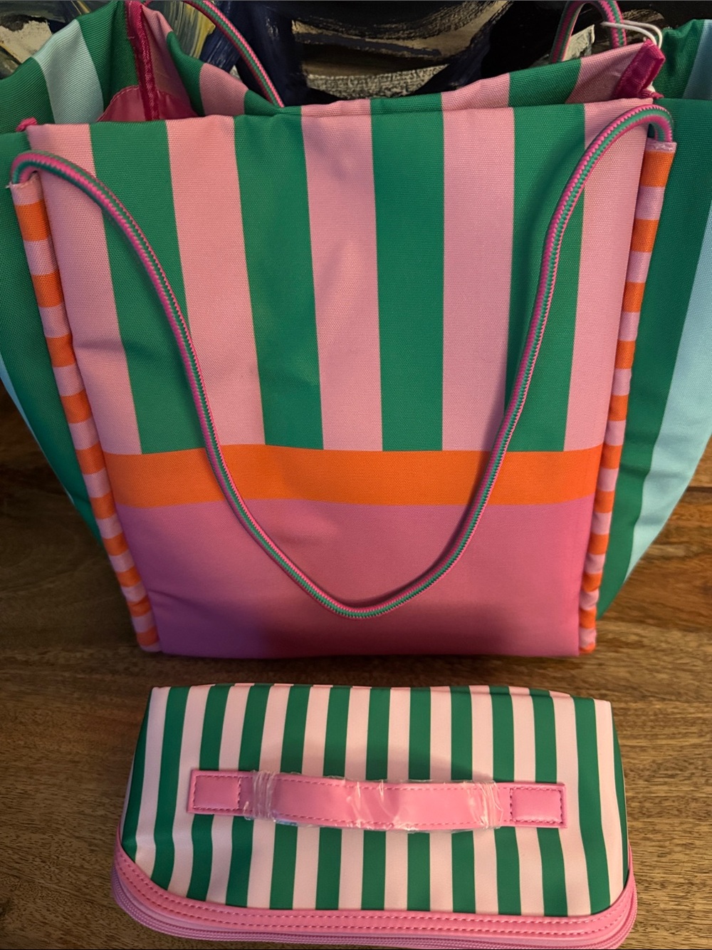 Striped Pink & Green Tote Bag with Matching Cosmetic Bag
